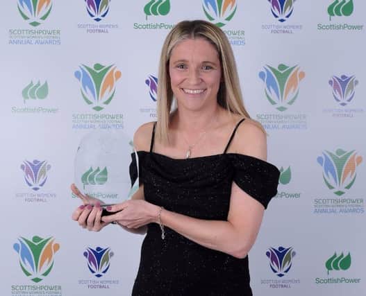 Leanne Ross (Glasgow City) with the Scottish Power Manager of the Year Award 2023. (Photo by Alex Todd/Sportpix/Sipa USA)