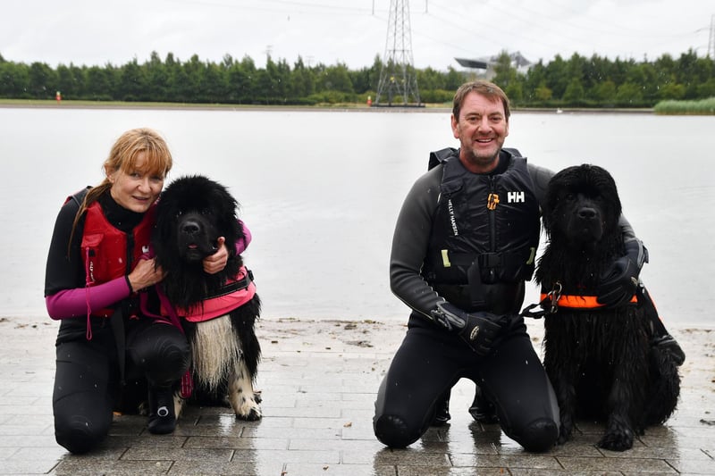 Scottish Newfoundland Club water rescue with Magali Bourgeois and Morven and Stevie Arthur with Kano.