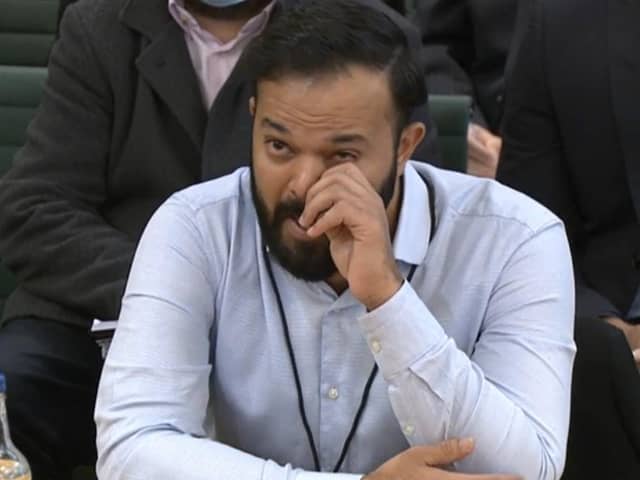 Former cricketer Azeem Rafiq cries as he gives evidence at the inquiry into racism he suffered at Yorkshire County Cricket Club, at the Digital, Culture, Media and Sport (DCMS) committee on sport governance at Portcullis House in London.  (Pic: House of Commons/PA Wire)