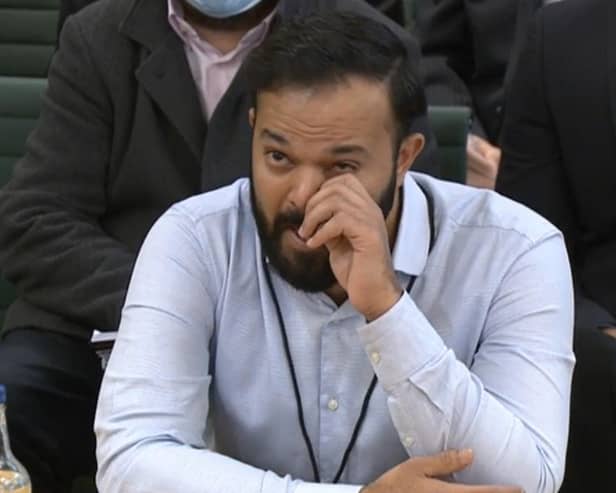 Former cricketer Azeem Rafiq cries as he gives evidence at the inquiry into racism he suffered at Yorkshire County Cricket Club, at the Digital, Culture, Media and Sport (DCMS) committee on sport governance at Portcullis House in London.  (Pic: House of Commons/PA Wire)