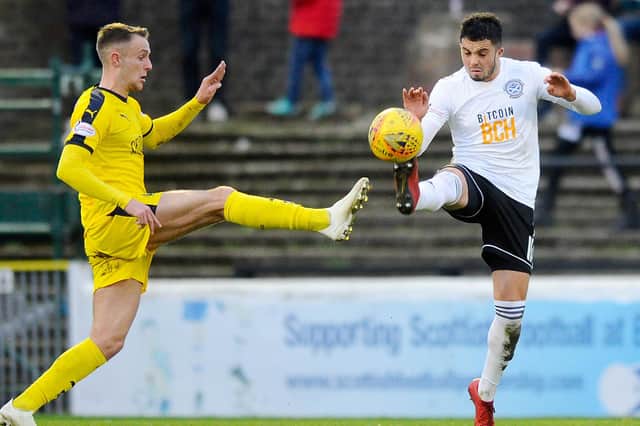 New Falkirk signing Declan McDaid (right) in action against the Bairns for Ayr United (pic: Michael Gillen)