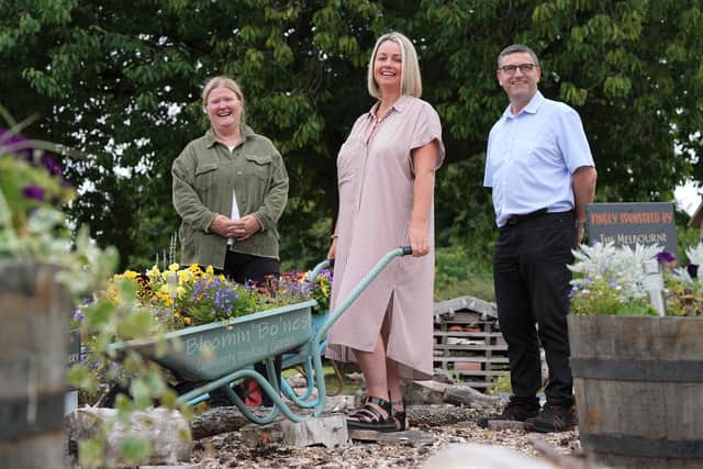 Walker Timber's Lorna Shanks and Mark Sneddon join Lorna Weir of Bloomin Bo'ness to see how the firm's £1000 contribution will be put to use
(Picture: Stewart Attwood)