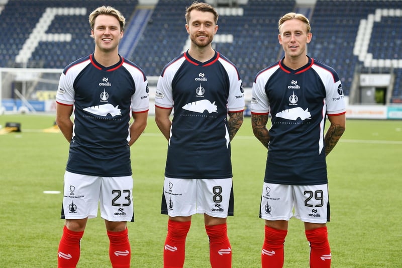 Falkirk’s new kit for the 2025/26 football season, their first since 2010 to feature a Scottish Premiership badge after two promotions in as many years under manager John McGlynn, being modelled by Ethan Ross, Brad Spencer and Calvin Miller