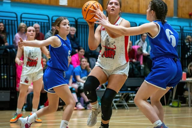 Falkirk Fury’s Kyla Torrance scored 16 points personal as the women’s under-16 cadettes made it ten from ten against the Highland Bears in Inverness (Pictures by Gary Smith)