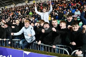 Falkirk fans celebrate the 2-1 home win over Ayr United in the Scottish Cup quarter-finals (Pic Michael Gillen)