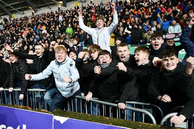 Falkirk fans celebrate the 2-1 home win over Ayr United in the Scottish Cup quarter-finals (Pic Michael Gillen)