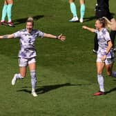 Nicola Docherty (left) and Sam Kerr celebrate Docherty goal v Australia (Pic Julian Finney/Getty Images)