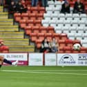 14-09-2024. Picture Michael Gillen. AIRDRIE. Albert Bartlett Stadium. Airdrieonians FC v Falkirk FC. Season 2024 - 2025. SPFL William Hill Championship. Match Day 6. Falkirk goal, Dylan Tait 21.