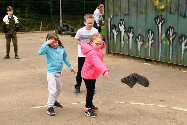 Welly throwing is a new sport for the youngsters to try.