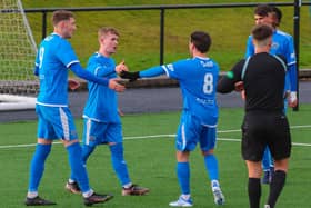 Dylan Paterson celebrates scoring Bo’ness Athletic’s opening goal as they defeated Harthill Royal 4-0 in the East of Scotland Third Division to move 11 points clear (Pics by Scott Louden)