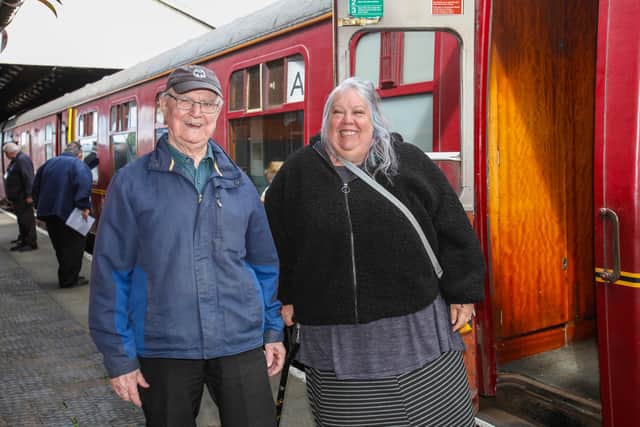 Charlie Gallacher prepares to board the steam train with his daughter Liz Sinclair