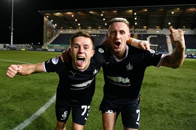 Kai Kennedy and Callumn Morrison celebrate at full time as Falkirk reach the semi-finals