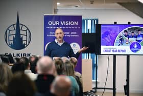 01-02-2024. Picture Michael Gillen. FALKIRK. Falkirk Stadium. Falkirk Foundation End of Year and Social Return on Investment (SROI) report release event. Derek Allison, Chief Executive.