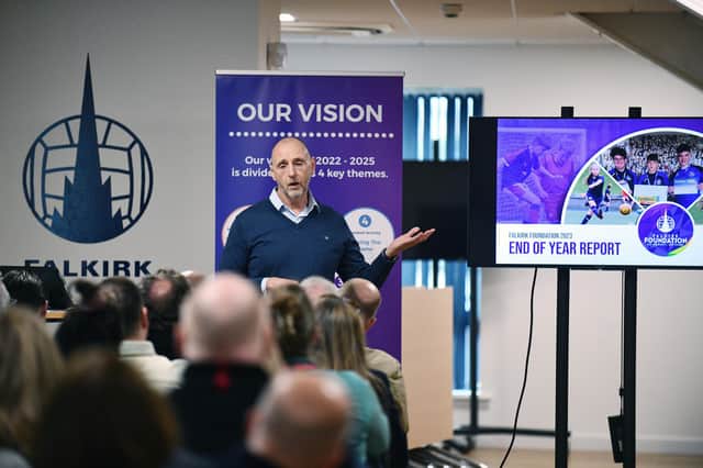 01-02-2024. Picture Michael Gillen. FALKIRK. Falkirk Stadium. Falkirk Foundation End of Year and Social Return on Investment (SROI) report release event. Derek Allison, Chief Executive.