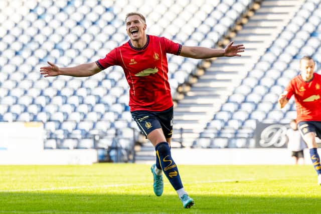 Falkirk's Tom Lang celebrates scoring to make it 4-0 against Queen's Park (Photo by Roddy Scott / SNS Group)