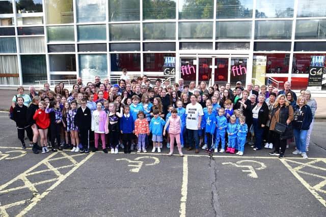 A large number of different performing arts organisations, dance, music and drama groups gathered together to campaign that, "Falkirk Needs a Town Hall". Pic: Michael Gillen.