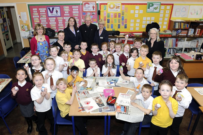 Sacred Heart Primary School pupils show off their designs for an Easter egg painting competition back in 2013