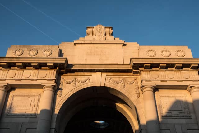 The Menin Gate in Ypres, dedicated to the British and Commonwealth soldiers who were killed in the Ypres Salient of World War I and whose graves are unknown