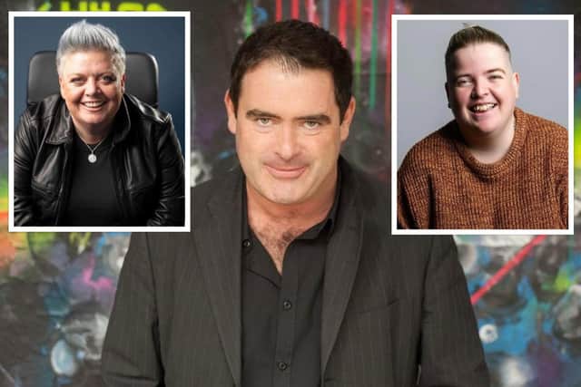 Des McLean is bringing a top line-up of comedy to the Palace party in August, including Susie McCabe (inset left) and Kim Blythe (inset right). Pics: Contributed