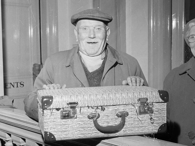 OAPs show by Johnny Victory in Bo'ness - Mr George Brown receives a hamper, 1964.