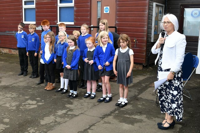 Pupils with head teacher Rosalind Veneroni who welcomed everyone to the event.