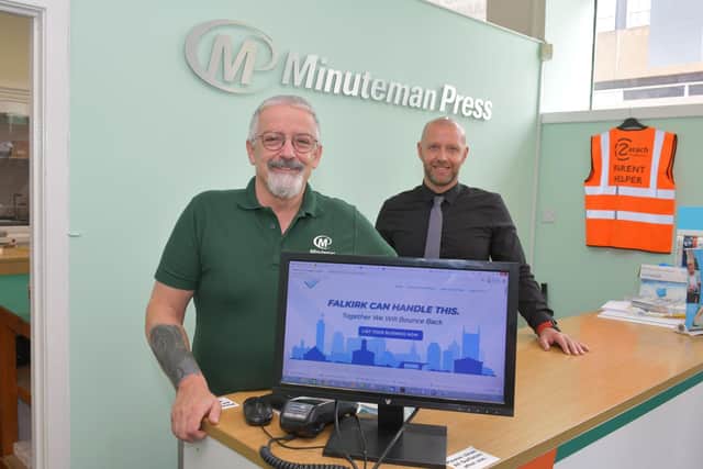 Keith Cohen, owner of Minuteman Press in Falkirk, has set up a Bounce Back Falkirk free advertising website to help businesses through the coronavirus crisis. He is pictured with David Watson, area manager. Picture: Michael Gillen.