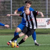 Dunipace in possession as they knocked Preston Athletic out of the Scottish Cup’s first round 5-2 at home at Westfield Park on Saturday (Photo: Michael Gillen)
