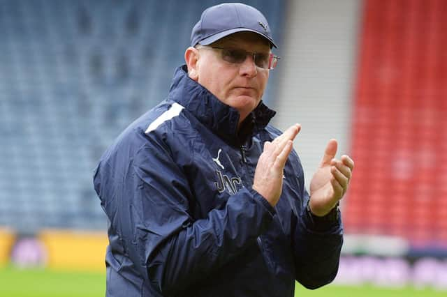 John McGlynn applauds Bairns fans at Hampden on the day they lost 3-0 to Inverness Caledonian Thistle in last season's Scottish Cup semi-final (Pic Michael Gillen)