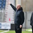 04-01-2025. Picture Michael Gillen. FALKIRK. Falkirk Stadium. East Stirlingshire v Cowdenbeath. Lowland League. 2024 - 2025. Pat Scullion and Mark Leslie.