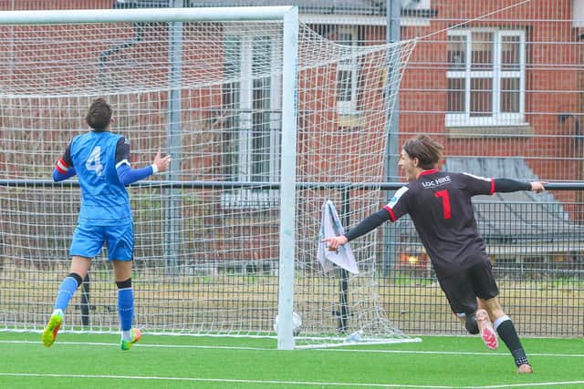 Dunipace v St Andrews Sam Colley scores to put Dunipace 2-0 up (Photo: Scott Louden)
