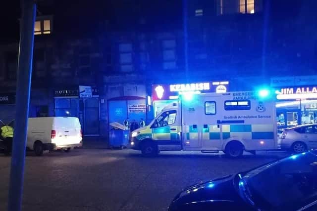 The incident happened outside Kebabish in Grahams Road, Falkirk on Saturday night and left a delivery driver with a broken leg