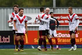 Dylan Easton celebrates after scoring to put Airdieonians ahead at the Falkirk Stadium. Image: Michael Gillen