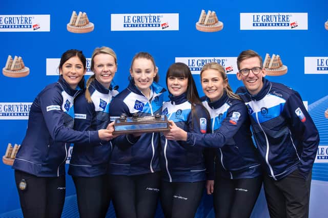 Team Muirhead with the winning trophy (Vicky Wright second from left) Pic: WCF / Celine Stucki