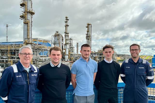 Caleb Meikle (centre) with from left, Toby Hamblin, Plant Manager; fellow apprentices Finlay Sutherland and Rhys Davidson; and Kyle Aldridge, FEP Maintenance Manager. (Pic: submitted)