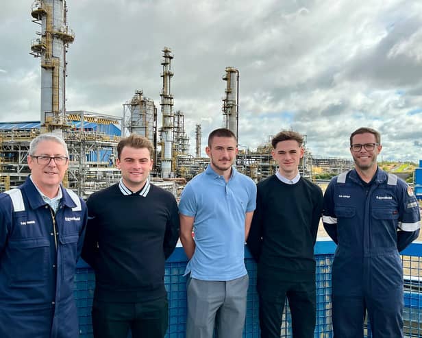 Caleb Meikle (centre) with from left, Toby Hamblin, Plant Manager; fellow apprentices Finlay Sutherland and Rhys Davidson; and Kyle Aldridge, FEP Maintenance Manager.  (Pic: submitted)