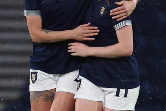 Nicola Docherty and Gers teammate Emma Watson celebrate the 16-year-old's second goal against Costa Rica (Photo: Ian MacNicol/Getty Images)