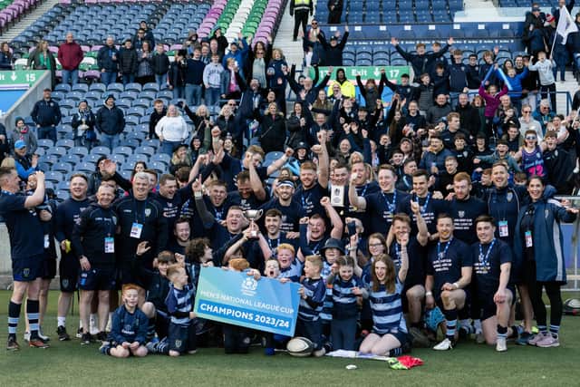 EDINBURGH, SCOTLAND - APRIL 27: Falkirk players with the trophy during the Silver Saturday men's national league cup final between Falkirk RFC and Lasswade RFC at Scottish Gas Murrayfield, on April 27, 2024, in Edinburgh, Scotland.  (Photo by Paul Devlin / SNS Group)