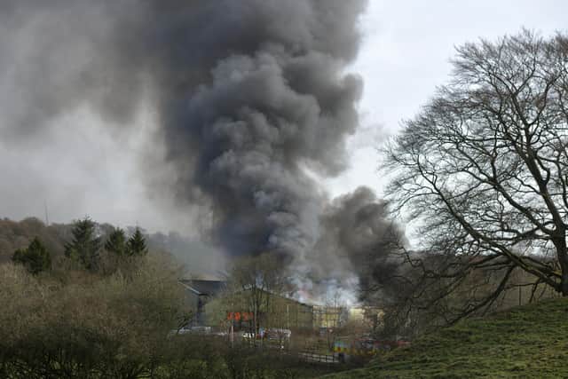 Plumes of smoke could be seen billowing into the air above Headswood Mill, Denny after a fire broke out this morning. Picture: Michael Gillen.