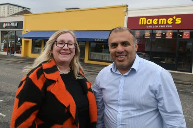 Fireaway, Sanam, and Maeme's are all taking part in the latest Falkirk Restaurant Week, organised by Falkirk Delivers. Pictured are Elaine Grant, BID manager for Falkirk Delivers and Waseem Anwar, business owner.  (Pic: Michael Gillen)