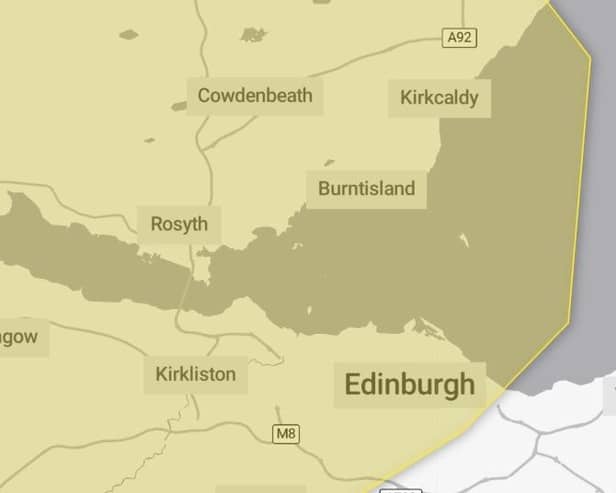 The yellow weather warning for heavy rain is in place for most of central Scotland for early on Friday morning.  (pic: Met Office)