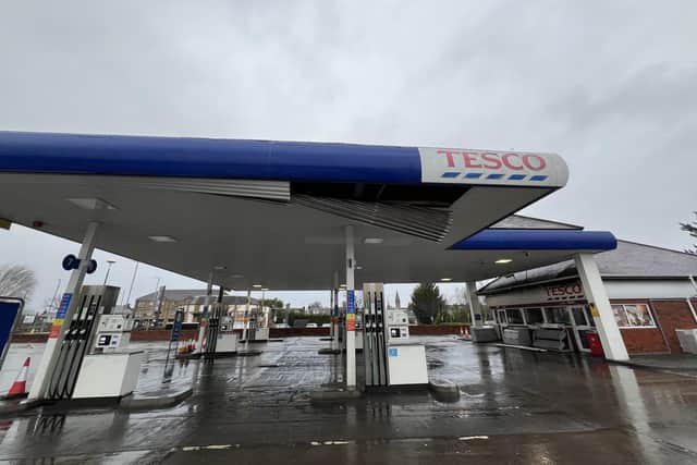 The roof canopy of the Tesco garage at Falkirk's Central Retail Park has been damaged. Pic: Michael Gillen