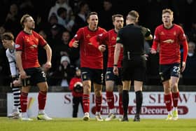 Falkirk's Luke Graham is shown a red card during a William Hill Championship match between Ayr United and Falkirk at Somerset Park (Photo by Paul Byars / SNS Group)