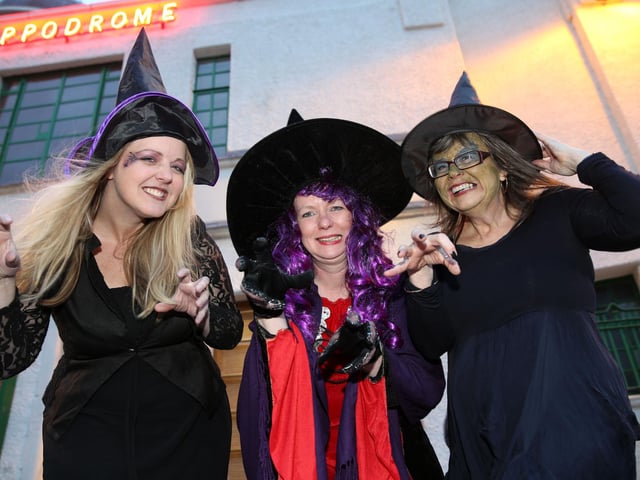 Charlene Paterson, Linda Watson and Val Trotter as the 3 witches at a Hallowe'en event in Bo'ness in 2014.