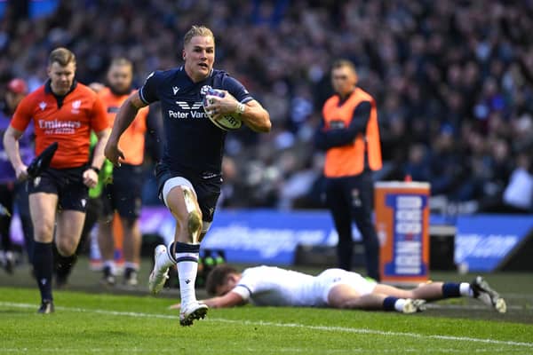 Scotland wing Duhan van der Merwe breaks down the wing to score the second Scotland try during the Guinness Six Nations 2024 match between Scotland and England at BT Murrayfield Stadium on February 24, 2024 in Edinburgh, Scotland (Photo by Stu Forster/Getty Images)