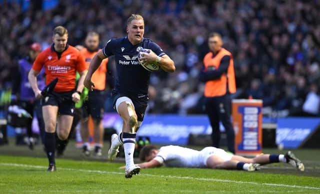 Scotland wing Duhan van der Merwe breaks down the wing to score the second Scotland try during the Guinness Six Nations 2024 match between Scotland and England at BT Murrayfield Stadium on February 24, 2024 in Edinburgh, Scotland (Photo by Stu Forster/Getty Images)