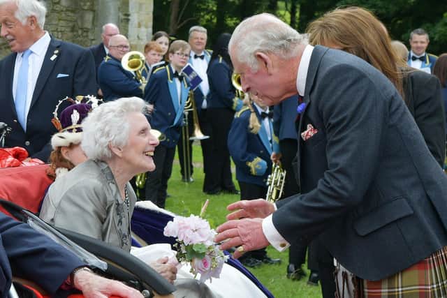 King Charles met two Bo'ness Fair Queens during his visit, including May Garrow, who is 99 and was queen in 1936.  (Pic: Michael Gillen)