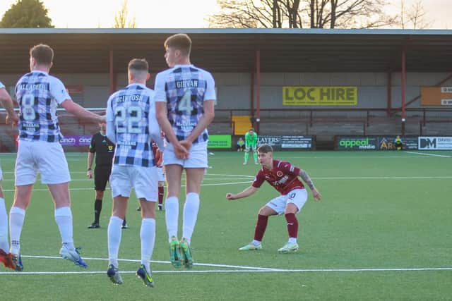 Stenhousemuir striker Matty Yates scores from a free kick to put Stenny 1-0 up