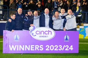 Falkirk boss John McGlynn and his backroom team celebrate after sealing the League One title in style at Montrose last weekend (Photo: Ian Sneddon)