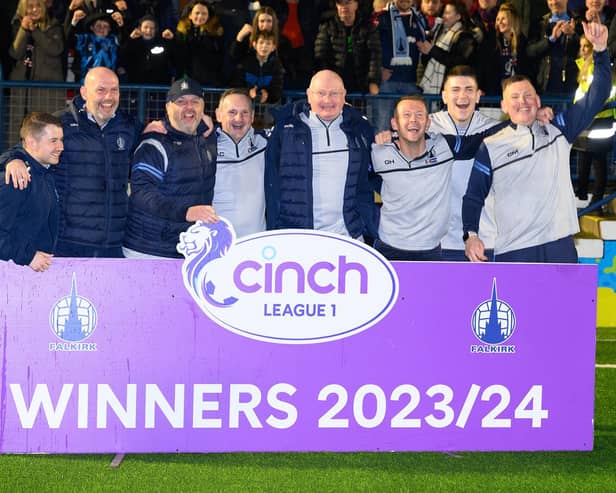 Falkirk boss John McGlynn and his backroom team celebrate after sealing the League One title in style at Montrose last weekend (Photo: Ian Sneddon)