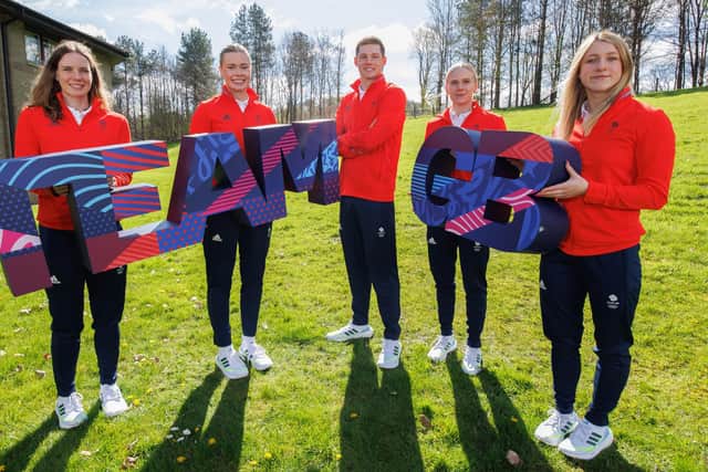 STIRLING, SCOTLAND - APRIL 16: Team GB Squad swimmers l-r Kathleen Dawson, Katie Shanahan, Duncan Scott, Lucy Hope and Keanna MacInnes during Team GB swimming squad announcement at Stirling University on April 16, 2024 in Stirling, Scotland. (Photo by Steve Welsh/Getty Images)